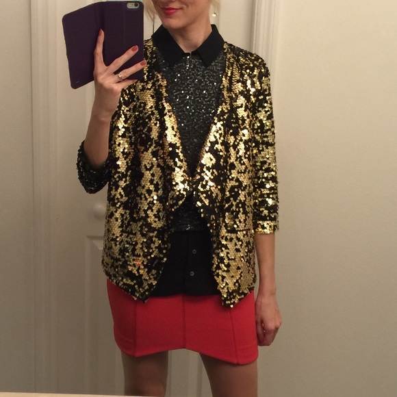 Free Press Gold Sequins Open Front Cropped Jacket - Picture 7 of 8